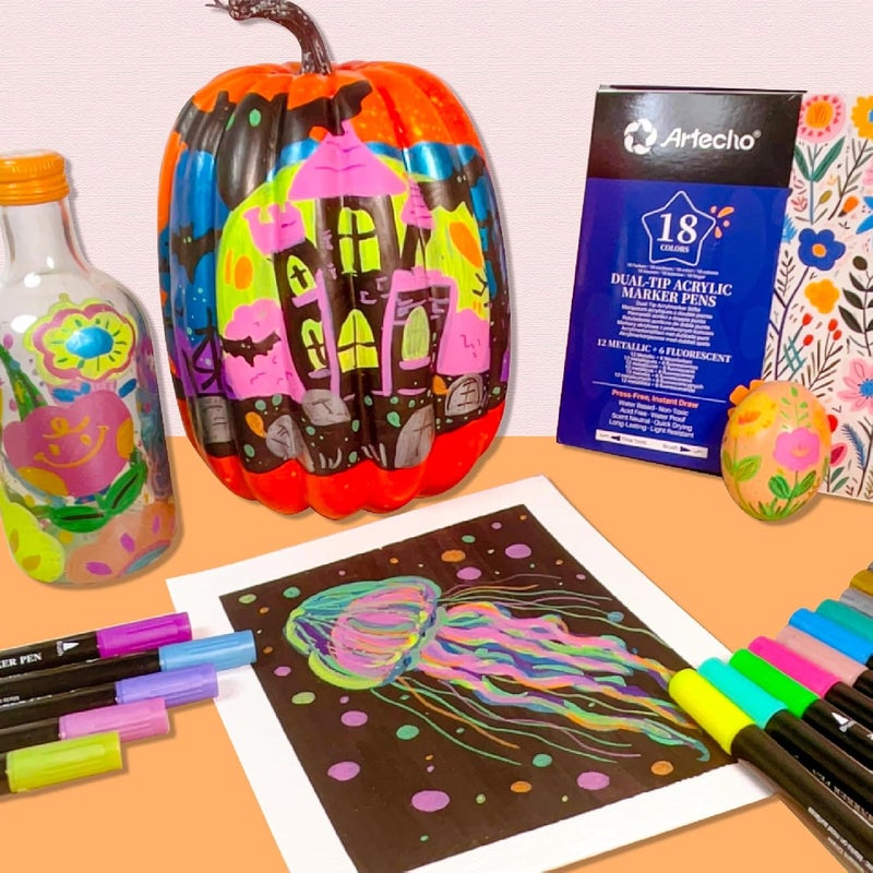 Artecho Acrylic Paint Markers 18 Colors include 12 Metallic + 6 Fluorescent Colors, for Stone, Rock Painting, Paper, Pumpkin, Wood, Egg, Canvas, Ceramic, Fabric, leather, Glass, DIY Crafts - Image 5